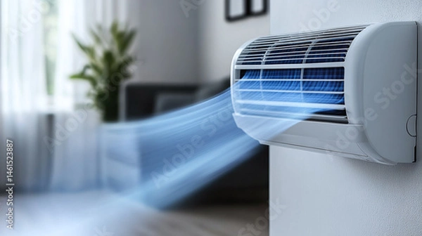 Fototapeta Modern portable air conditioner with cool fresh blue moving stream in living room. Summer cooling system installation. Ventilation system. Energy efficient climate control