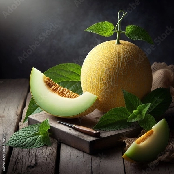 Obraz Freshly sliced melon on wooden board, surrounded by green leaves.	