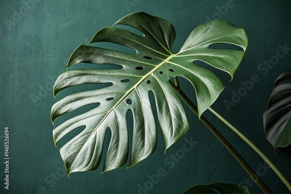 Fototapeta Tropical monstera leaves with characteristic slits on a dark green wall. High quality photo