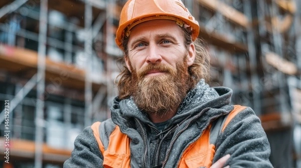 Obraz Bearded man at worksite with protective gear and relaxed posture, confident body language