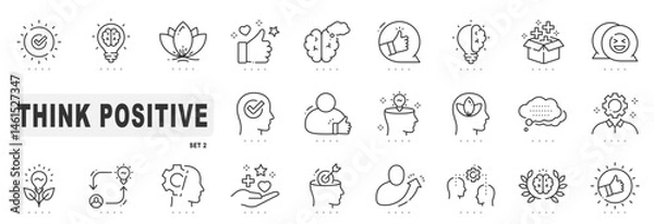 Fototapeta Set of positive thinking related line icons. Optimism, brain, thought, happiness etc. Editable stroke. Set 2
