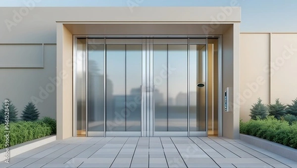 Fototapeta A modern and sleek sliding glass doors entrance mockup in a 3D rendering, showcasing a commercial automatic entry system, set against a clean and minimalist office building exterior template with a ne