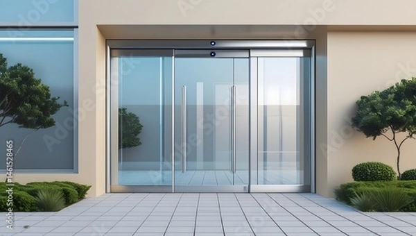 Fototapeta A modern and sleek sliding glass doors entrance mockup in a 3D rendering, showcasing a commercial automatic entry system, set against a clean and minimalist office building exterior template with a ne