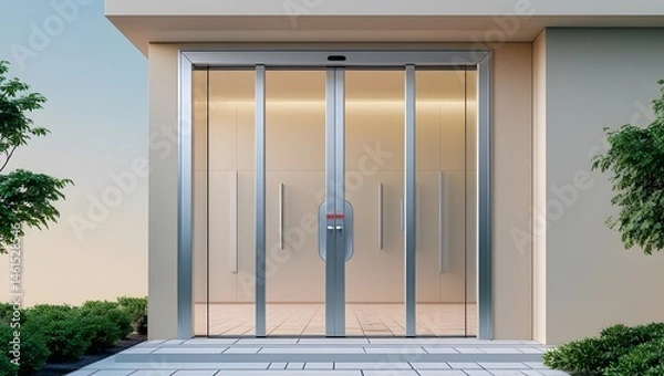 Fototapeta A modern and sleek sliding glass doors entrance mockup in a 3D rendering, showcasing a commercial automatic entry system, set against a clean and minimalist office building exterior template with a ne