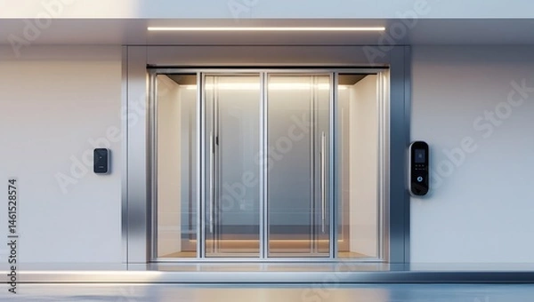 Fototapeta A modern and sleek sliding glass doors entrance mockup in a 3D rendering, showcasing a commercial automatic entry system, set against a clean and minimalist office building exterior template with a ne