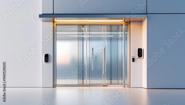 Fototapeta A modern and sleek sliding glass doors entrance mockup in a 3D rendering, showcasing a commercial automatic entry system, set against a clean and minimalist office building exterior template with a ne