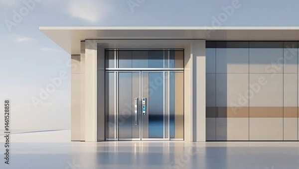 Fototapeta A modern and sleek sliding glass doors entrance mockup in a 3D rendering, showcasing a commercial automatic entry system, set against a clean and minimalist office building exterior template with a ne