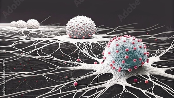 Obraz Microscopic view of cells with branching structures and small red particles, illustrating biological or scientific concepts.