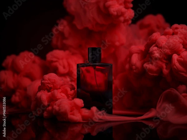 Obraz Luxurious Red Perfume Bottle Amidst Dramatic Ink Clouds