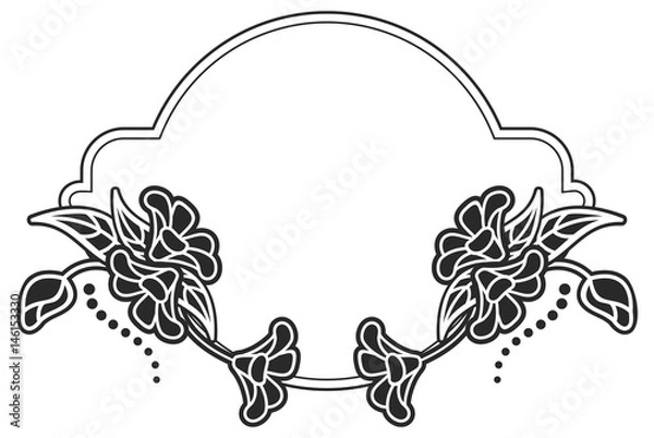 Obraz Black and white round frame with floral silhouettes. Vector clip art