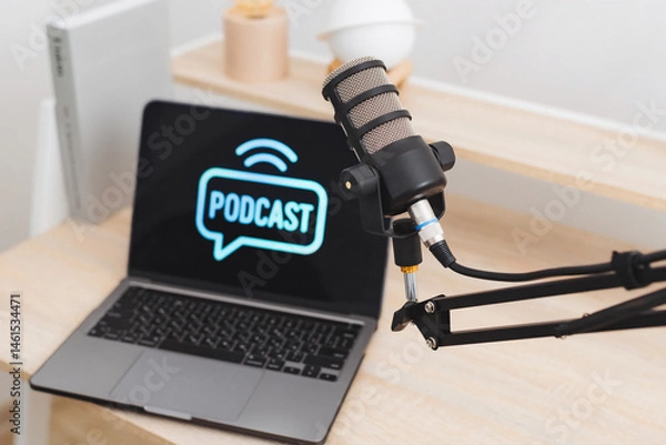 Fototapeta Exploring podcasting in a modern office setup with microphone and laptop for recording insightful discussions