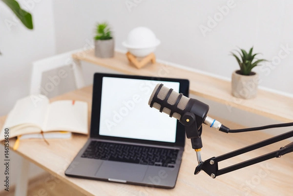 Fototapeta Podcast recording setup in a modern office environment featuring a microphone and laptop on a minimalist desk