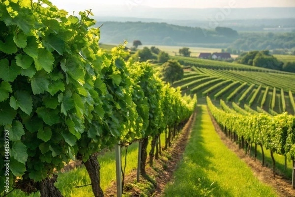 Fototapeta Green grape vines with juicy leaves in a sunny vineyard. High quality photo