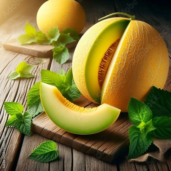 Obraz Freshly sliced melon on wooden board, surrounded by green leaves.	