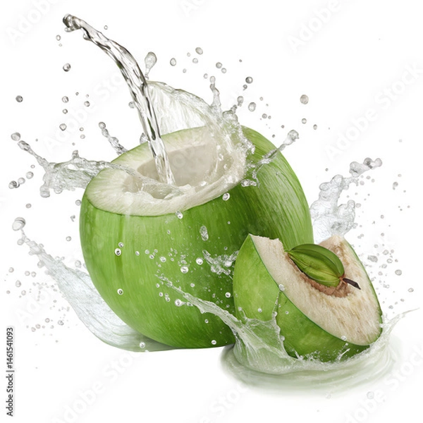 Fototapeta Tropical Refreshment: A refreshing splash of coconut water cascades from a freshly opened coconut, creating a dynamic scene of natural refreshment and invigorating flavor.
