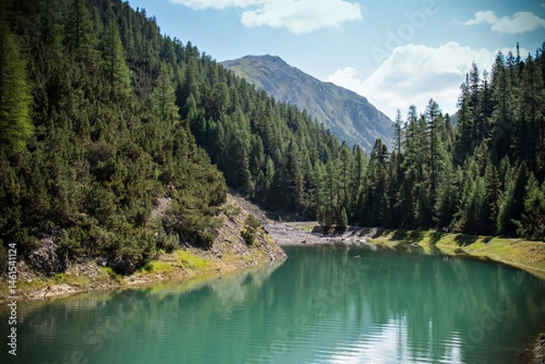 Fototapeta Scenic mountain lake with reflections and pine forest