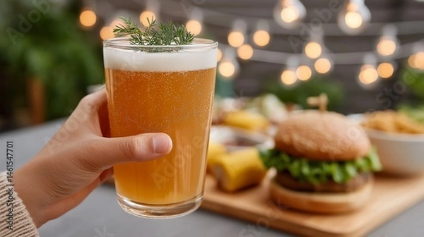 Fototapeta A close-up of a hand holding a glass of craft beer with frothy foam and garnish, with a blurred background of a burger, fries and glowing lights suggesting a backyard meal