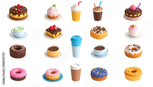 Fototapeta Sweet food. 3d vector icon set. Cake, ice cream, panna cotta, bubble tea, donut, cup of coffee, chocolate, candy,donut, bubble, festive, party, realistic, shop, signs, three-dimensional, design.