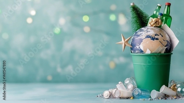 Fototapeta Conceptual environmental image of a globe inside a green trash bin surrounded by plastic bottles, glass containers, and festive items, symbolizing global pollution and waste issues