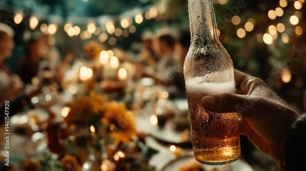 Fototapeta A close-up of a cold amber beer bottle held up at an outdoor evening celebration, with blurred background of lights, people and a festive dinner table atmosphere
