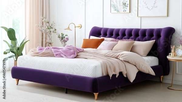 Fototapeta Stylish bedroom with a deep purple velvet bedframe, layered pillows, neutral bedding and soft lighting in a minimalist interior with plants and framed artwork