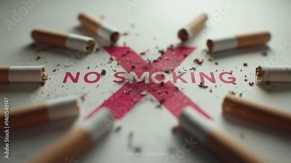 Fototapeta Close-up conceptual image featuring a bold red X and the text "NO SMOKING" surrounded by crushed and broken cigarettes on a clean background, symbolizing quitting smoking and promoting health awarenes
