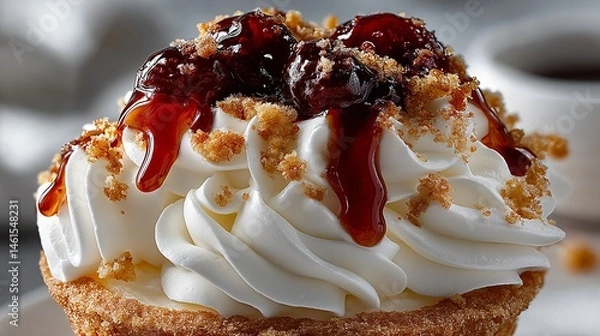 Fototapeta Extreme macro shot of a creamy vanilla dessert topped with whipped swirls, crunchy crumbs, and glistening cherry syrup, capturing the indulgent texture and delicious richness of the dessert