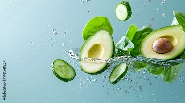 Fototapeta Fresh halved avocado, cucumber slices, and spinach leaves dynamically captured mid-air with a splash of water on a light blue background, symbolizing health and vitality
