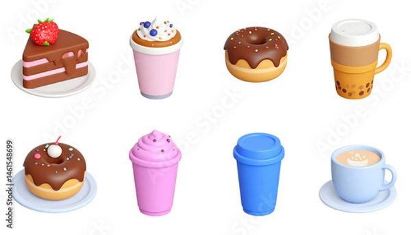 Fototapeta Sweet food. 3d vector icon set. Cake, ice cream, panna cotta, bubble tea, donut, cup of coffee, chocolate, candy,donut, bubble, festive, party, realistic, shop, signs, three-dimensional, design.