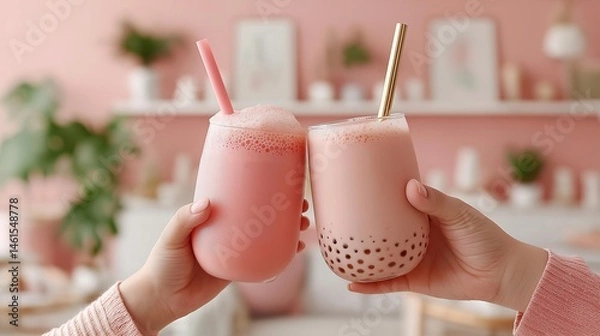Fototapeta Two hands cheerfully holding pastel pink bubble tea drinks with frothy tops and colorful straws, set in a softly blurred pink-toned interior café environment, symbolizing trendy beverage culture
