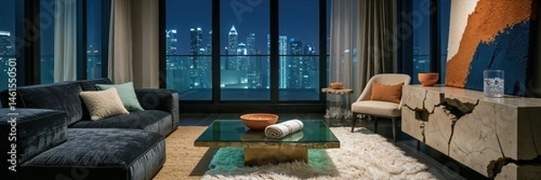 Fototapeta Generative AI, Moody Velvet Penthouse Living Room with City View