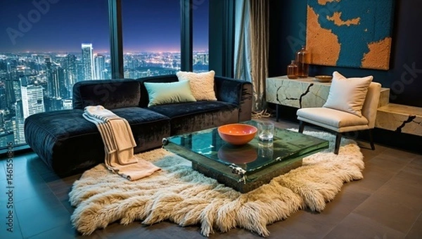 Fototapeta Generative AI, Moody Velvet Penthouse Living Room with City View