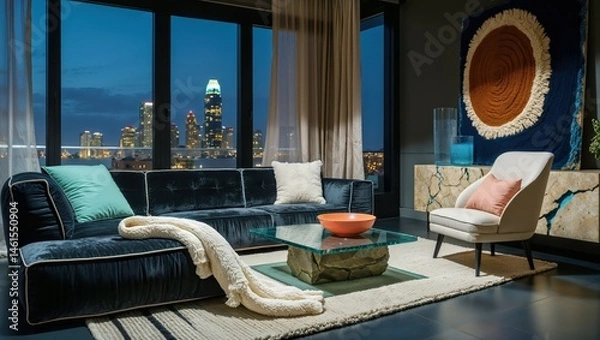 Fototapeta Generative AI, Moody Velvet Penthouse Living Room with City View
