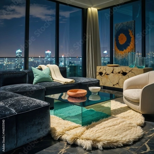 Fototapeta Generative AI, Moody Velvet Penthouse Living Room with City View