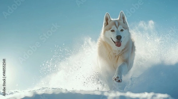 Obraz A beautiful cream and white husky dog runs energetically through fresh powdery snow under a bright blue winter sky with joy and freedom.
