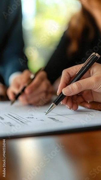 Obraz A focused businesswoman reviews documents and makes annotations with a pen du a meeting at a bright and sunny business office desk.