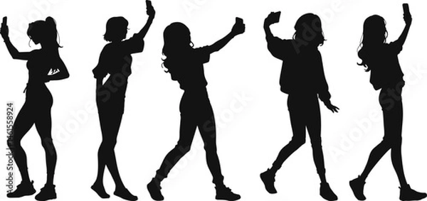Fototapeta Silhouette of a woman taking a selfie with her smartphone, capturing modern digital culture and self-expression.