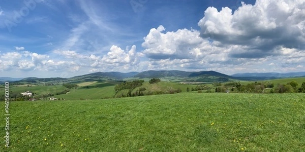 Fototapeta Aerial view of the Czech landscape with mountains and forests at sunset. Scenic spring evening over the Orlicke Mountains,, and Dolni Morava region