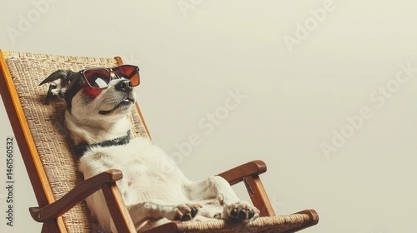 Obraz A charming dog with sunglasses lounges comfortably on a wooden deck chair in a studio setting, embodying relaxation and summertime vibes.