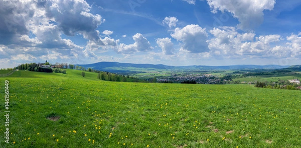 Fototapeta Aerial view of the Czech landscape with mountains and forests at sunset. Scenic spring evening over the Orlicke Mountains,, and Dolni Morava region