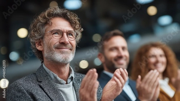 Obraz Group of business people clapping together, background with corporate banner, celebrating team achievement