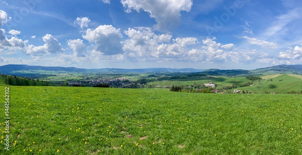Fototapeta Aerial view of the Czech landscape with mountains and forests at sunset. Scenic spring evening over the Orlicke Mountains,, and Dolni Morava region