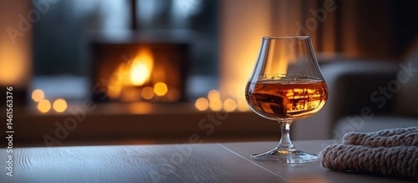 Fototapeta Cozy Evening by the Fireplace: A Glass of Warm Whiskey