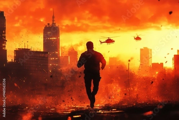 Fototapeta  Secret agent runs across rooftop at twilight, silhouette cuts against orange sky, helicopters circle above, broken glass crunches underfoot, city skyline looms hazy and tense.