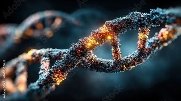 Fototapeta Blue chromosome DNA glowing with flickering light, showcasing genetic health and medical technology in a close-up 3D view