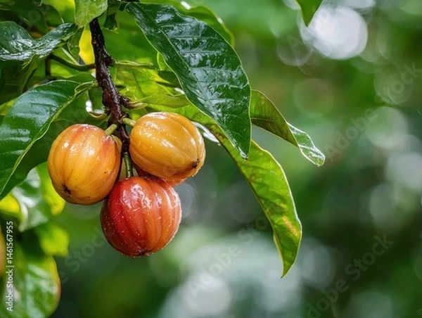 Obraz Three ripe achiote fruits hang from a branch amongst green leaves, glistening with moisture from recent rainfall in a tropical setting.