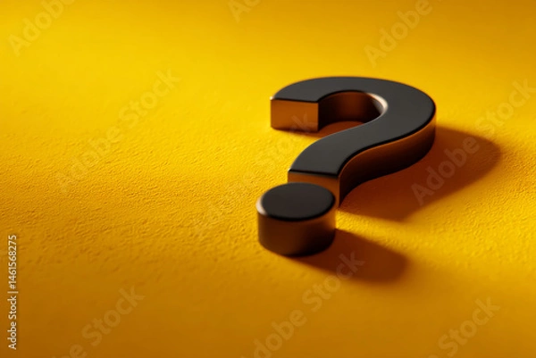 Fototapeta Black question mark on yellow background,  representing inquiry, uncertainty, or problem-solving, ideal for FAQs or help sections