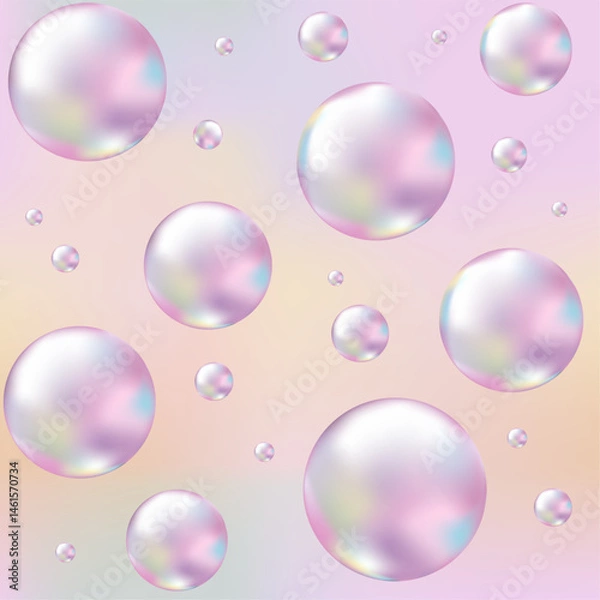 Fototapeta Abstract seamless pattern in Y2K style. Three-dimensional bubbles on Gradient Pink and Orange background. 3d holographic retro template. Future galaxy aesthetic, 3D chrome bubble art.