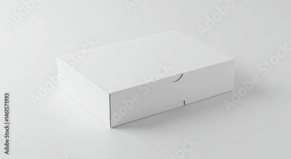 Fototapeta Empty white cardboard box on a plain light gray surface. Product packaging mockup for graphic design inspiration.
