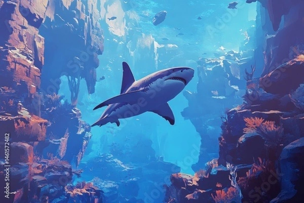 Fototapeta Shark drifting over an underwater canyon, depth emphasized by light gradients